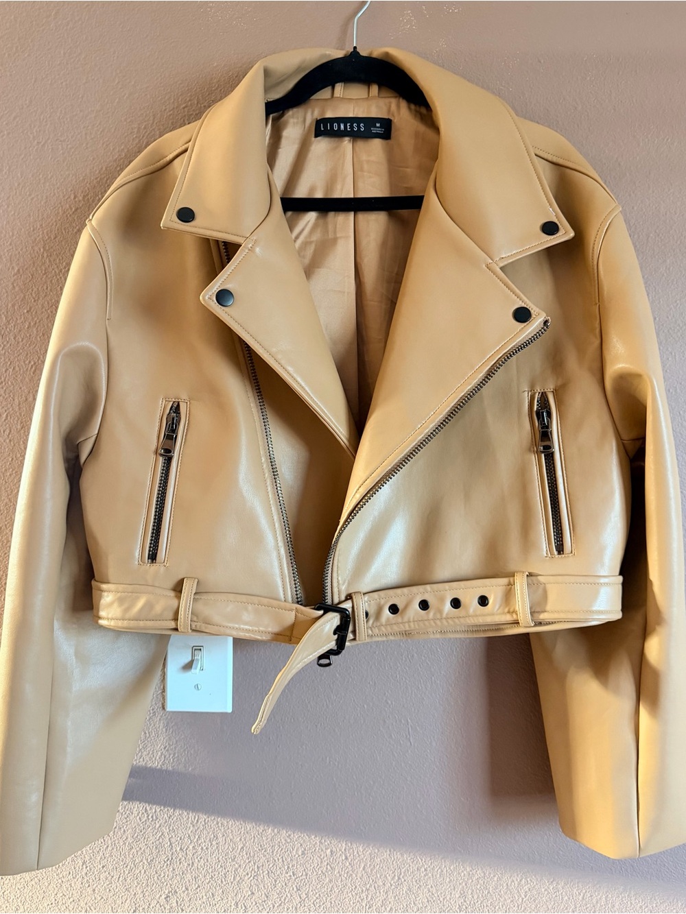 Lioness Tan Cropped Faux Leather Biker Jacket